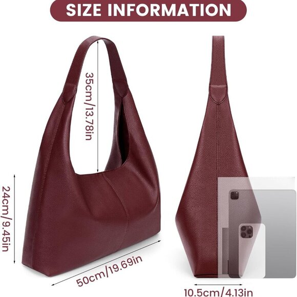 Slouchy Hobo Bag Vegan Leather Tote Bag for Women Burgundy Work Tote Bag College - Picture 6 of 6